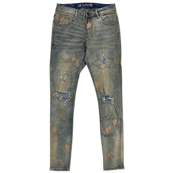 Crysp Denim Men's Distressed Rip Vintage Wash Paint Splatter Skinny Fit Jeans - Picture 1 of 3